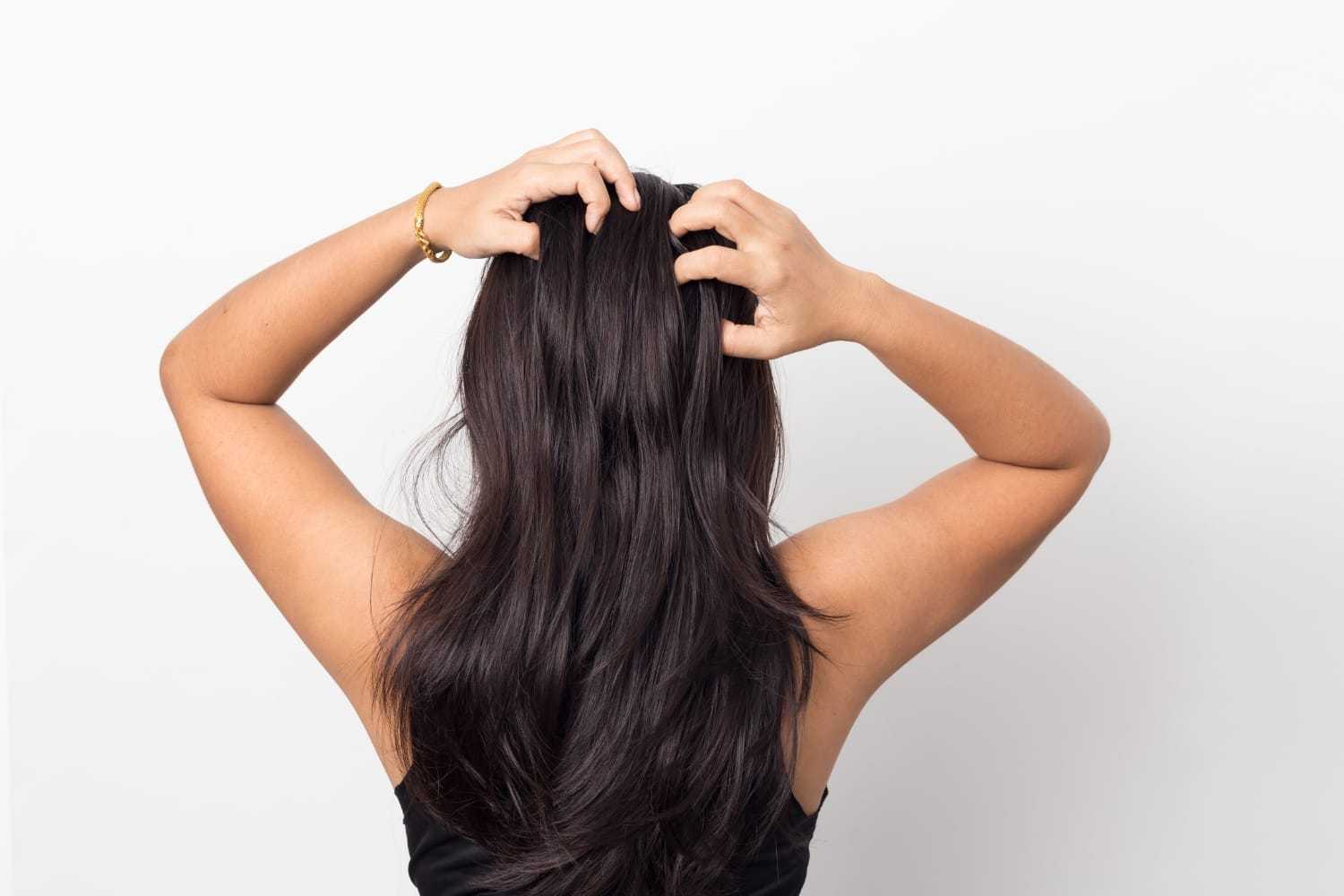 Person with long dark hair seen from behind, scratching scalp with both hands against white background.